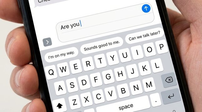 Close-up of a person typing a text message on a modern smartphone keyboard with predictive text suggestions