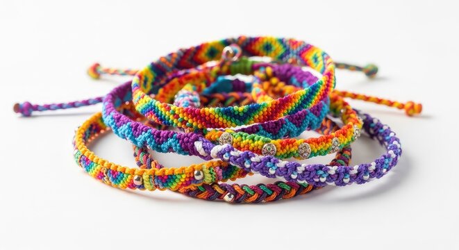 Vibrant and colorful friendship bracelets are intertwined, creating a rainbow of intricate woven patterns against a clean white background, bright, multicolor, pattern