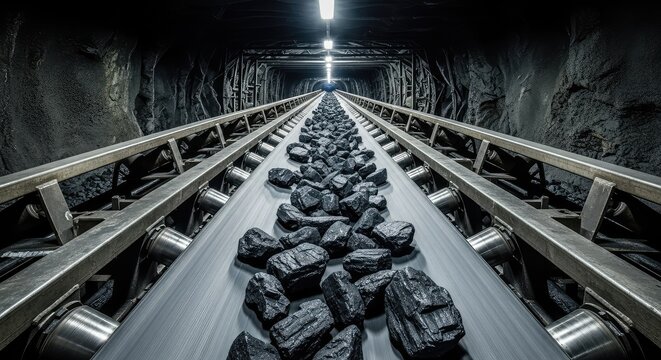 Heavy duty industrial conveyor belt system moving raw coal chunks through a dark underground mine tunnel with metal frames and rollers, machine, background, fossil