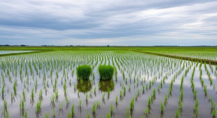 Obraz premium Panoramic view of flooded paddy fields reflecting a soft overcast sky, capturing peaceful agricultural beauty and lush organic textures, horizon, earth, calm