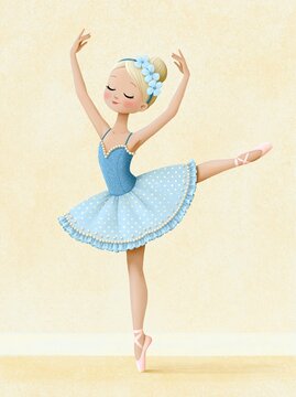 Adorable hand-drawn illustration of a young ballerina dancing en pointe in a blue tutu, isolated on a soft pastel background. 