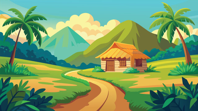Tropical landscape with a hut and palm trees during daytime with vibrant colors