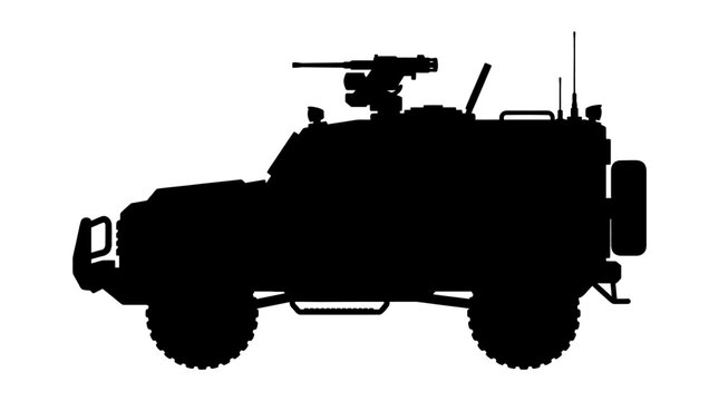 Armored Vehicle Silhouette Against White Background Detailed Black Shape