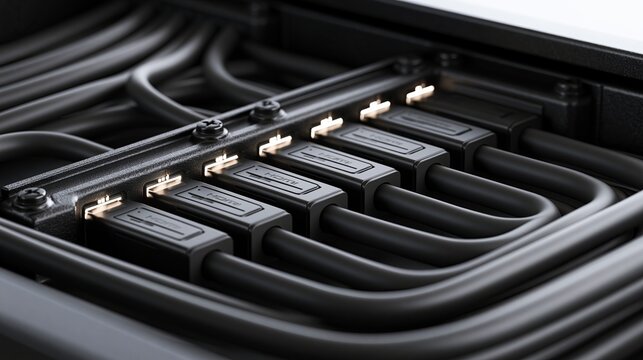 Multiple black hdmi cables plugged into a sleek metallic server rack under soft cinematic lighting