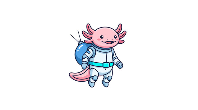 Smiling pink axolotl in spacesuit walking.