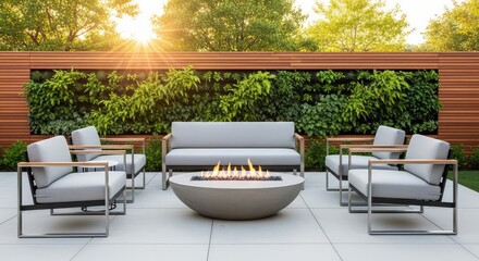 Fototapeta premium A sleek modern backyard patio featuring a central concrete fire pit, outdoor furniture, and a lush vertical garden against a wooden wall, leisure, furniture, vertical garden