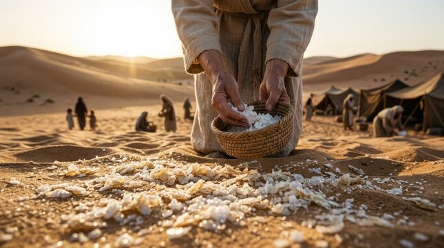 Miraculous desert provision: manna gather, heaven gift, Israelite sustain, wilderness journey, divine favor, exodus miracle, daily food, God care, ancient lore.