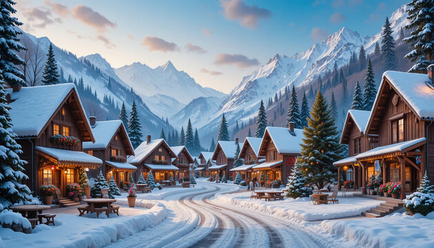 Snowy mountains, festive decorations, and a cozy, seasonal celebration ambiance characterize the winter holiday hamlet landscape.