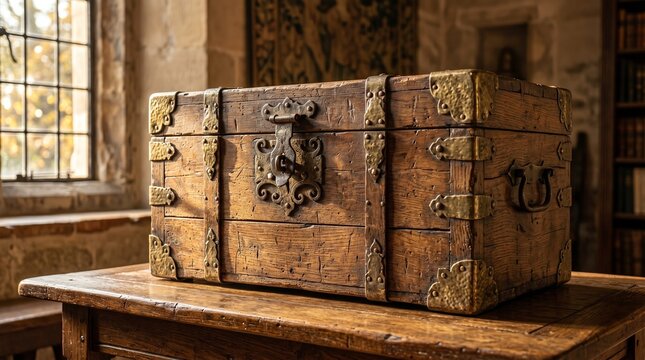 Antique Wooden Treasure Chest with Vintage Lock