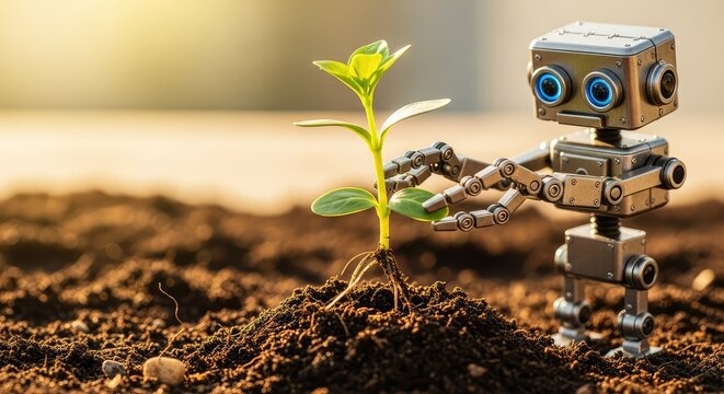 A small metallic robot with glowing blue eyes carefully placing a fragile green sprout into rich dark soil during a sunny afternoon, miniature, renewal, small