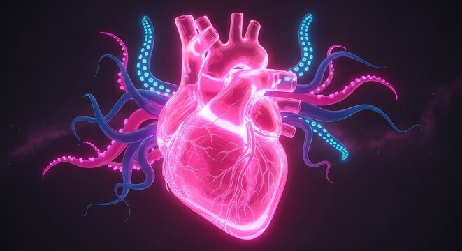 A surreal pink anatomical heart features translucent textures and glowing tentacles, merging biology with sci-fi in a digital art masterpiece, organic, conceptual, vessel