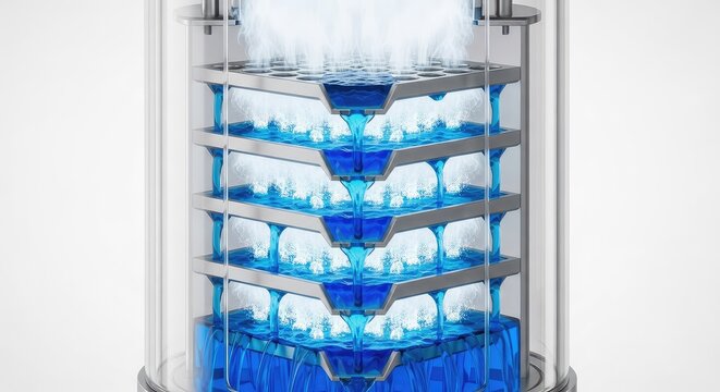 A technical cutaway of an industrial plate column showing liquid flowing across perforated trays while vapor bubbles rise through the fluid, weir, liquid, machinery