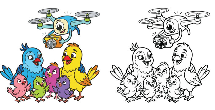 drone taking family selfies flying in sky cloud cartoon clipart and lineart print vector illustration for color coloring book