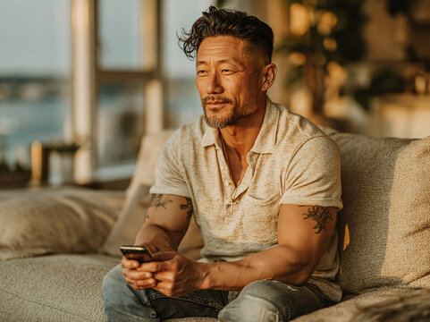 A rugged-looking Asian man with styled cut hair and arm tattoos sits relaxed on soft sofas indoors, intently scrolling content on his smartphone amid warm vintage-filter ambient lighting.