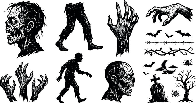 Zombie and halloween elements collection in black silhouette undead corpse monster october spooky scary horror nightmare bats tombstone gravestone skeleton decay rotting vector illustration graphic