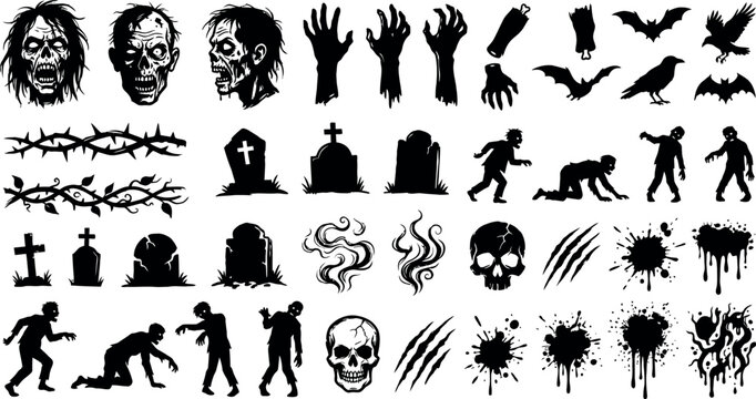 Collection of zombie heads hands tombstones and bats in black silhouette undead corpse decay tombstone gravestone cemetery flying wings claws skulls bones halloween horror scary