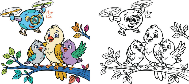 drone taking family selfies flying in sky cloud cartoon clipart and lineart print vector illustration for color coloring book
