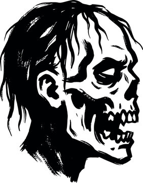 Zombie head illustration in black and white a graphic silhouette undead corpse decay skull bones horror monster ghoul halloween spooky macabre vector art drawing black and white