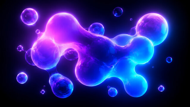 Luminous neon liquid blobs, glowing purple and blue organic fluid shapes, futuristic abstract lava lamp bubbles, vibrant bioluminescent liquid elements isolated on White Background ai