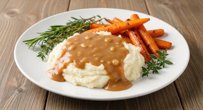 Creamy mashed potatoes with rich brown gravy served alongside festive side dishes, roasted carrots, and seasonal herbs on a rustic table, festive, seasonal, carrots