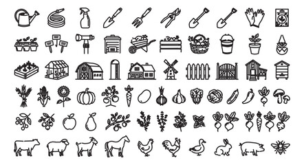 Obraz premium Gardening and farming line icons set, 60 black outline vector symbols of agriculture tools, organic vegetables, and livestock animals