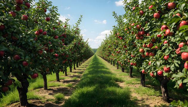 Modern apple orchard with perfectly aligned rows of fruit trees full of ripe red apples on a bright sunny summer day.