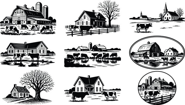 Assorted farm icons with dairy cows and traditional buildings in elegant black and white engraving style