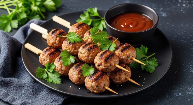 Savory grilled meatballs served on wooden skewers, garnished with vibrant fresh parsley and a side of rich dipping sauce on a dark plate, cooked, savory, rustic