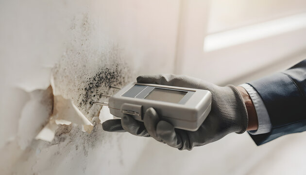 Close up of a gloved hand using a digital moisture meter device to detect dampness and black mold on a peeling damaged indoor wall, home inspection and property maintenance service concept