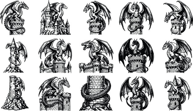Black and white dragon perched on stone towers and castles for epic fantasy themed graphic design