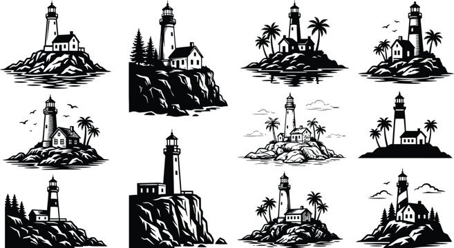 Coastal lighthouse silhouette collection on rocky cliffs and islands for nautical travel and maritime adventure