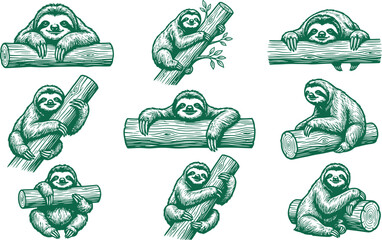 Fototapeta premium Collection of cute sloths resting on wooden logs in a rustic hand drawn ink line style