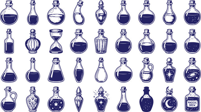 Collection of hand drawn magic potion bottle icons for fantasy game design and alchemist projects