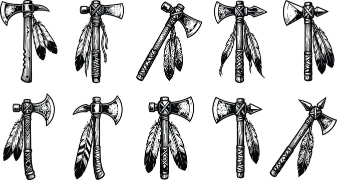 Collection of hand drawn tomahawk axes with tribal feather decorations in detailed vintage etched style
