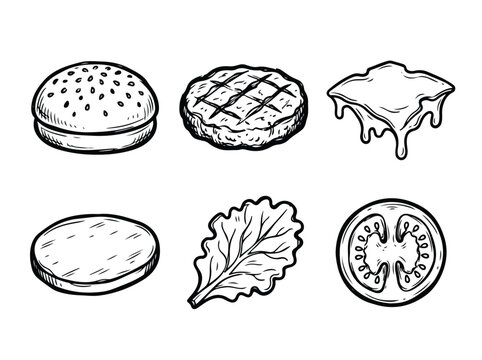 Hand Drawn Burger Ingredients Collection Set.
