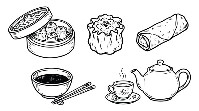 Hand drawn dim sum set with tea and chopsticks line art illustration.