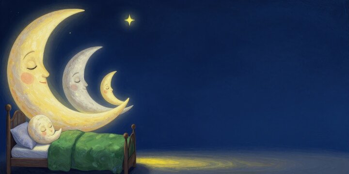 Dreamy Nursery Scene with Sleepy Babies and Crescent Moon Illustrations
