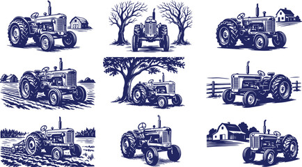 Obraz premium Collection of vintage farming tractor illustrations in rustic woodcut style for agricultural and rural branding projects