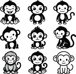 Fototapeta premium Cute monkey character vector set in various poses for nursery decor and playful graphic designs