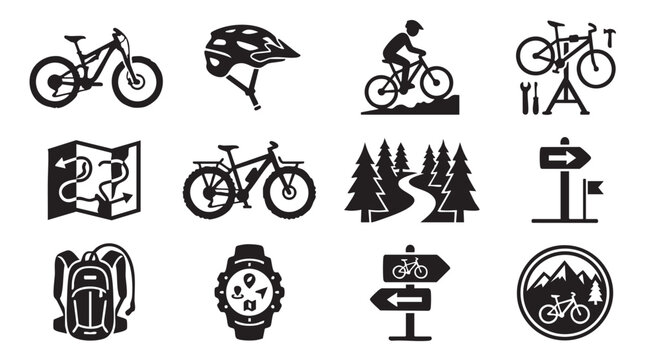 Bicycle icons, cycling symbols, bike signs, 12 travel graphics