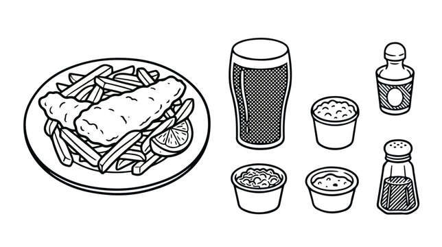 Line art illustration of traditional British fish and chips meal with beer and condiments.