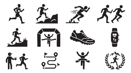 Obraz premium Running, athletic icons, fitness symbols, 13 black vector graphics