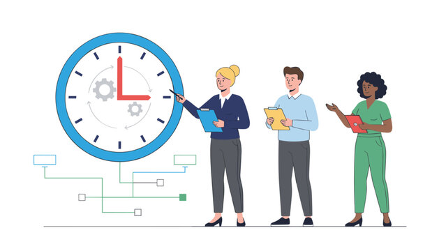 Business team members collaborating near a giant clock face with gears to visualize time management, project planning, and organizational efficiency in corporate workflows.