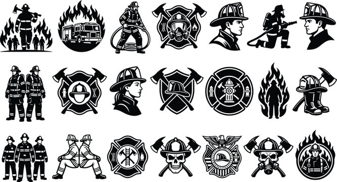 Firefighter and emergency rescue emblem set including helmets axes and fire department badge logo designs