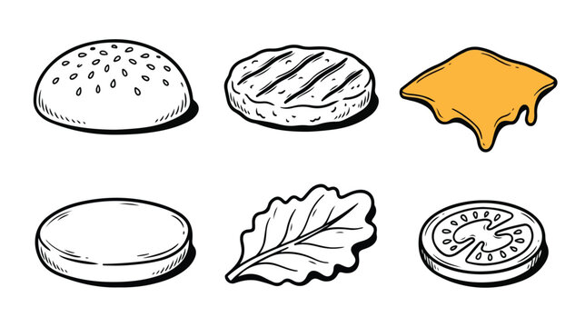 Set of hand drawn burger ingredients sketch illustration.