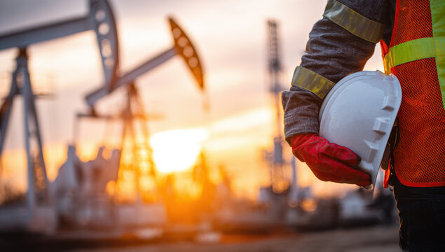 Oil field worker holding safety hard hat at sunset overseeing pumpjack operations in the petroleum industry