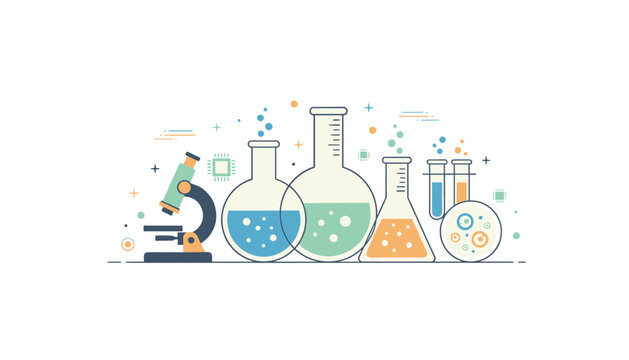 Science laboratory equipment including a microscope, flasks with colorful bubbles, test tubes, and a petri dish on a light background for research and educational study concepts.