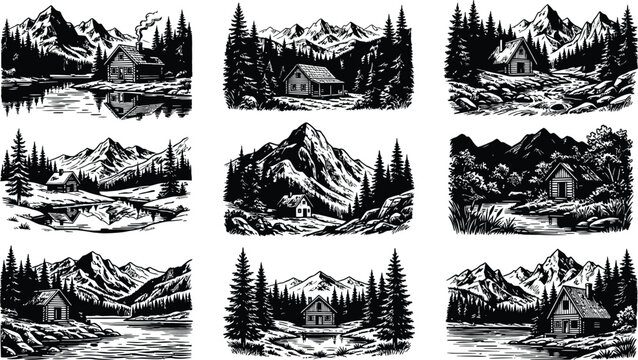 Graphic collection of mountain cabin landscapes with pine trees and serene wilderness environments in engraving style