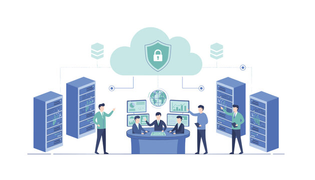 Security team monitoring global data network with shield icon and server racks in a centralized control room for cyber protection.