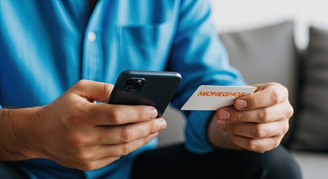 Mobile payment concept man holding card and smartphone for digital transaction